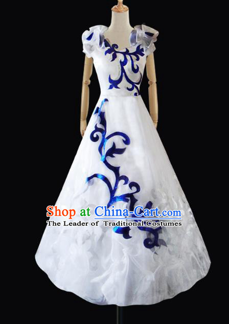 Traditional Chinese Modern Dancing Compere Performance Costume, Opening Classic Chorus Singing Group Dance White Veil Bubble Dress for Women