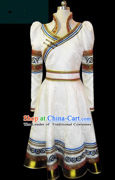 Traditional Chinese Mongol Nationality Dance Costume Female White Pleated Skirt, Chinese Mongolian Minority Nationality Princess Embroidery Clothing for Women