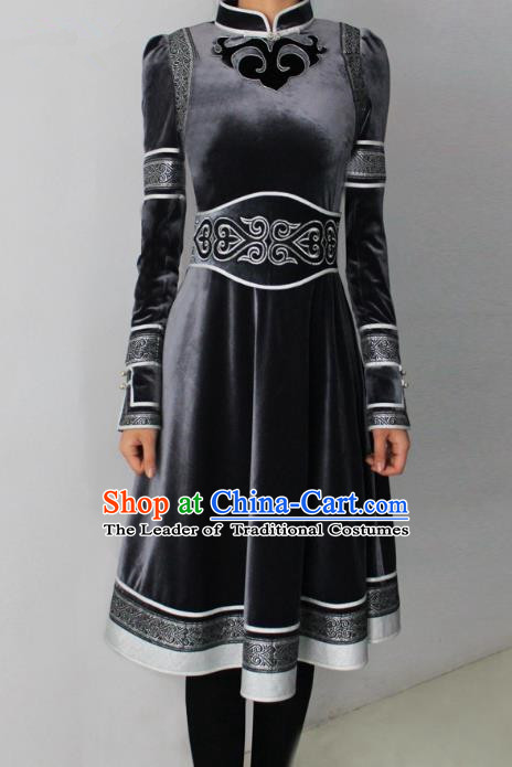 Traditional Chinese Mongol Nationality Dance Costume Black Pleuche Dress, Chinese Mongolian Minority Nationality Princess Mongolian Robe for Women