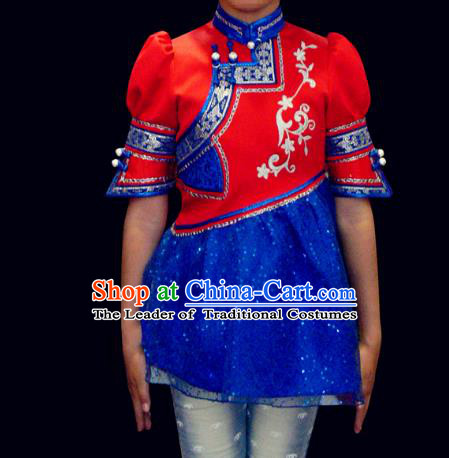 Traditional Chinese Mongol Nationality Costume Children Mongolian Robe, Chinese Mongolian Minority Nationality Dance Blue Veil Dress Clothing for Kids