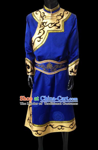 Traditional Chinese Mongol Nationality Costume Blue Mongolian Robe, Chinese Mongolian Minority Nationality Clothing for Men