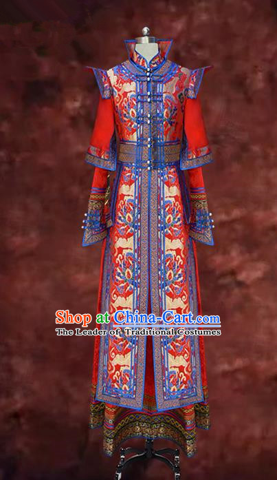 Traditional Chinese Mongol Nationality Costume Dress Bride Red Mongolian Robe, Chinese Mongolian Minority Wedding Clothing for Women