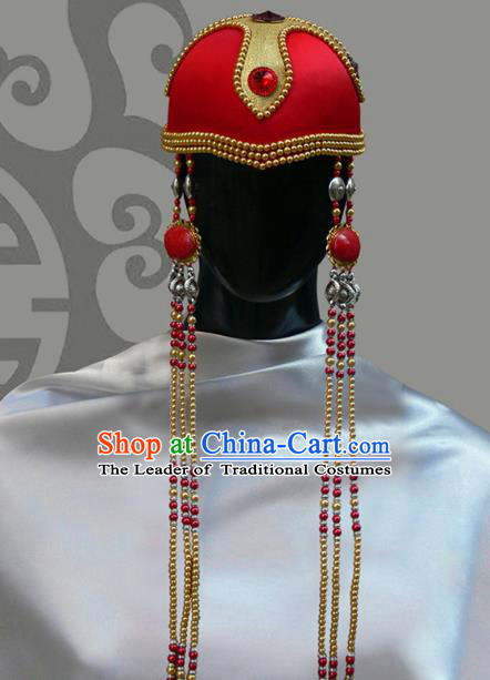 Traditional Chinese Mongol Nationality Princess Hat, Chinese Mongolian Minority Nationality Beads Tassel Headwear for Women
