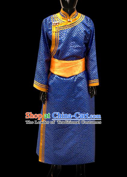 Traditional Chinese Mongol Nationality Dance Costume Wedding Clothing, Chinese Mongolian Minority Nationality Bridegroom Blue Mongolian Robe for Men