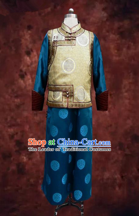 Traditional Chinese Mongol Nationality Dance Costume Blue Mongolian Robe, Chinese Mongolian Minority Nationality Royal Highness Embroidery Costume for Men