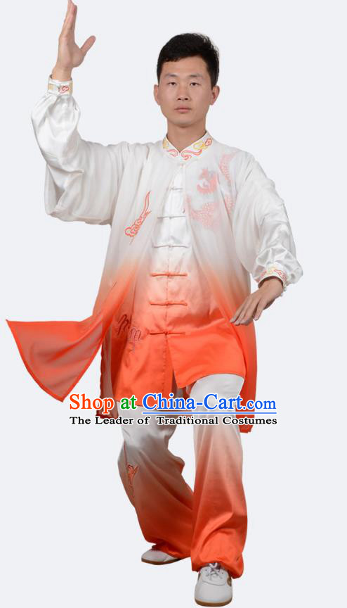 Top Kung Fu Costume Martial Arts Costume Kung Fu Training Orange Uniform, Gongfu Shaolin Wushu Embroidery Dragon Tai Ji Clothing for Women for Men