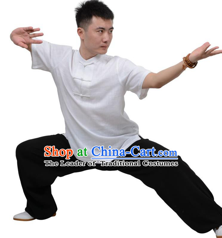 Top Kung Fu Linen Costume Martial Arts Costume Kung Fu Training Plated Buttons White Uniform, Gongfu Shaolin Wushu Tai Ji Clothing for Women for Men