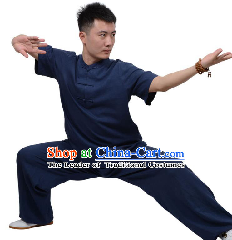 Top Kung Fu Linen Costume Martial Arts Costume Kung Fu Training Plated Buttons Navy Uniform, Gongfu Shaolin Wushu Tai Ji Clothing for Women for Men
