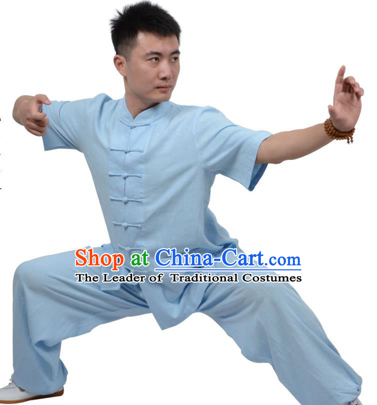 Top Kung Fu Linen Costume Martial Arts Costume Kung Fu Training Short Sleeve Blue Uniform, Gongfu Shaolin Wushu Tai Ji Plated Buttons Clothing for Women for Men