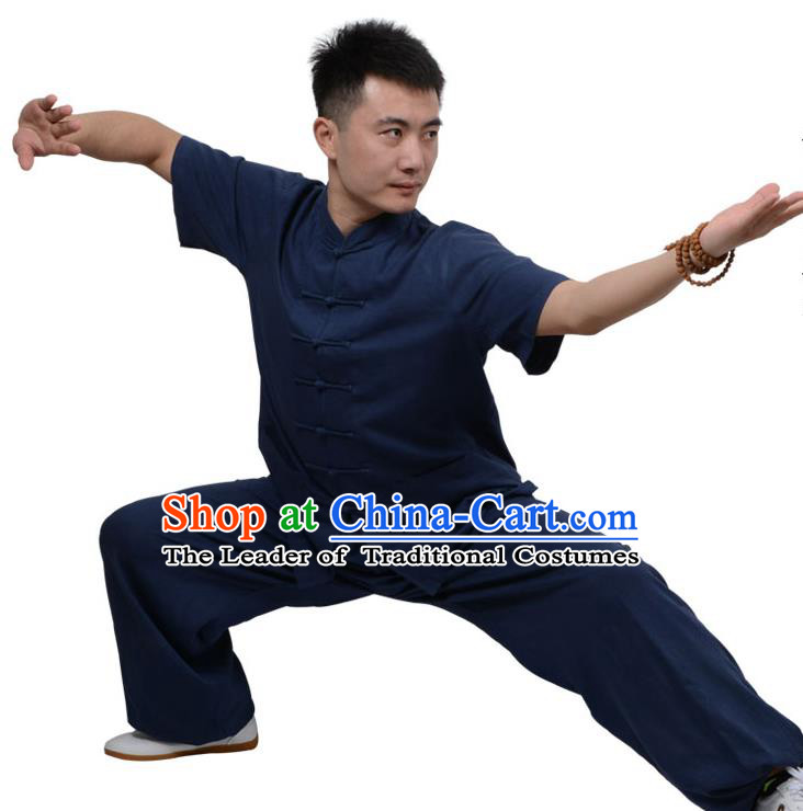 Top Kung Fu Linen Costume Martial Arts Costume Kung Fu Training Short Sleeve Navy Uniform, Gongfu Shaolin Wushu Tai Ji Plated Buttons Clothing for Women for Men
