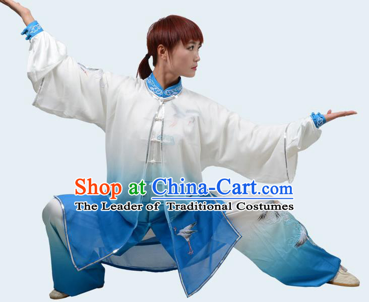 Top Kung Fu Costume Martial Arts Costume Kung Fu Training Gradient Blue Uniform, Gongfu Shaolin Wushu Embroidery Crane Tai Ji Clothing for Women for Men