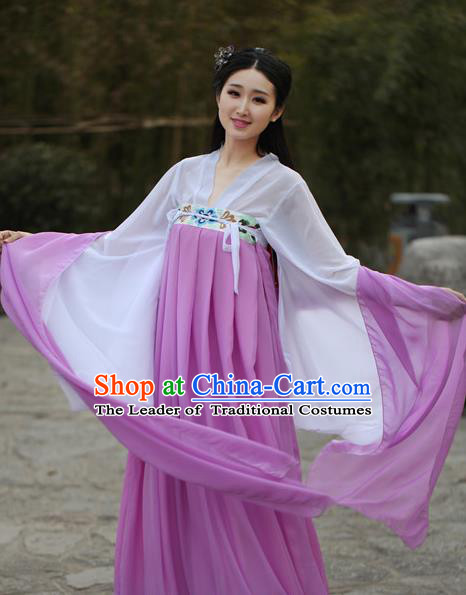 Traditional Ancient Chinese Tang Dynasty Young Lady Embroidered Costume Blouse and Slip Skirt, Elegant Hanfu Chinese Dress Clothing