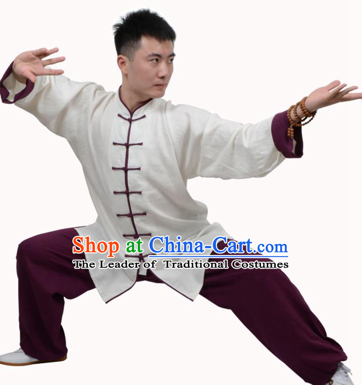 Top Kung Fu Linen Costume Martial Arts Costume Kung Fu Training White Shirt and Purple Pants, Tai Ji Plated Buttons Uniform Gongfu Wushu Clothing for Women for Men