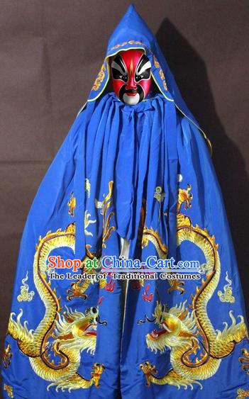 Traditional China Beijing Opera Costume Embroidery Dragon Cloak, Chinese Peking Opera General Blue Embroidered Cape