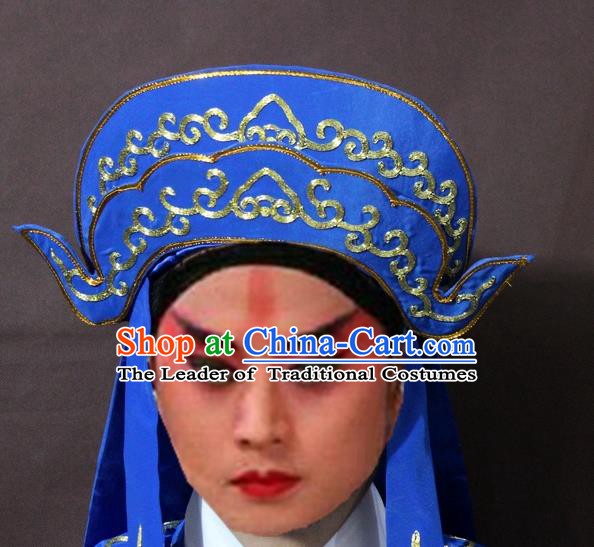 Traditional Chinese Handmade Hair Accessories Beijing Opera Takefu Embroidered Blue Hats Headwear for Men