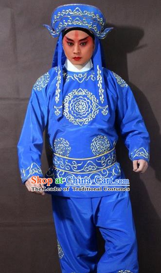 Traditional China Beijing Opera Takefu Embroidered Blue Costume, Chinese Peking Opera Soldier Clothing