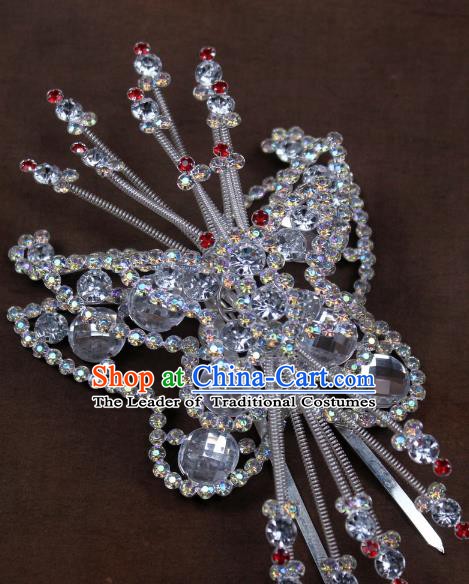 Traditional China Beijing Opera Actress Hair Accessories Crystal Butterfly Hairpins, Chinese Peking Opera Diva Headwear