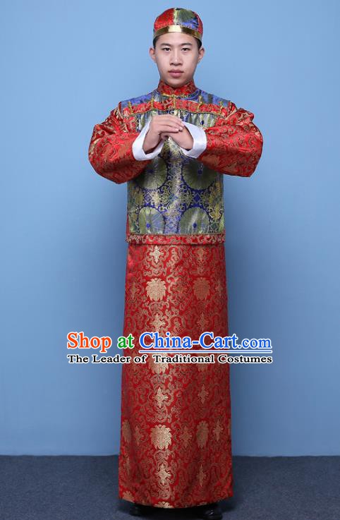 Traditional Ancient Chinese Qing Dynasty Prince Costume, China Manchu Nobility Childe Blue Mandarin Jacket Clothing for Men