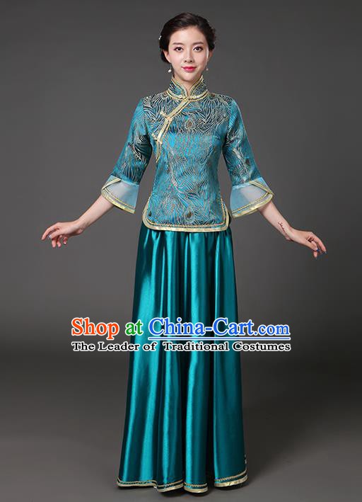 Traditional Chinese Republic of China Nobility Lady Clothing, China National Peacock Blue Cheongsam Blouse and Skirt for Women