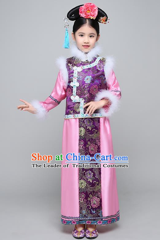 Traditional Ancient Chinese Qing Dynasty Manchu Lady Purple Costume, Chinese Mandarin Princess Embroidered Clothing for Kids