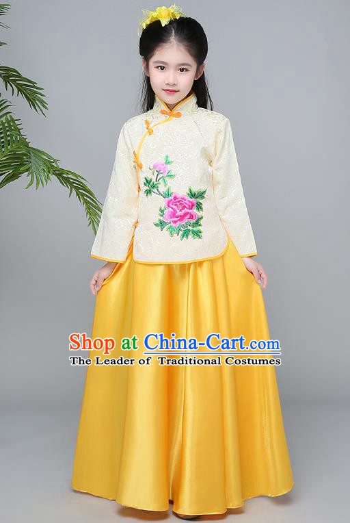 Traditional Chinese Republic of China Children Clothing, China National Embroidered Yellow Cheongsam Blouse and Skirt for Kids