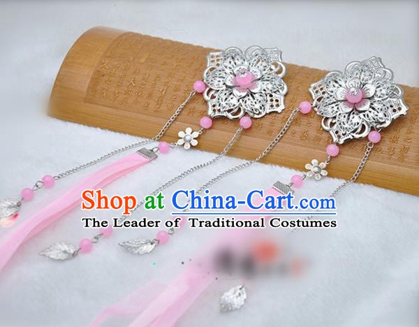 Traditional Chinese Handmade Hair Accessories Princess Hairpins Pink Ribbon Hair Stick for Women