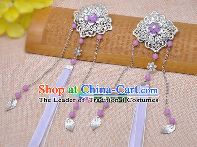 Traditional Chinese Handmade Hair Accessories Princess Hairpins Purple Ribbon Hair Stick for Women
