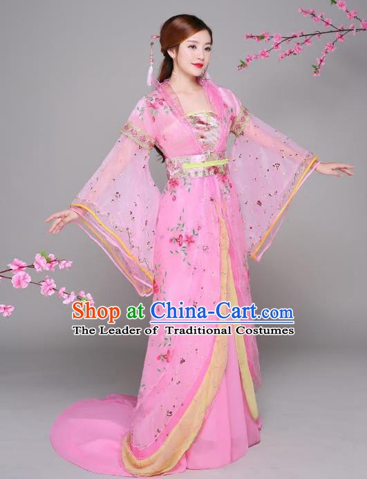 Traditional Chinese Tang Dynasty Princess Fairy Costume, China Ancient Palace Lady Hanfu Embroidered Trailing Dress for Women