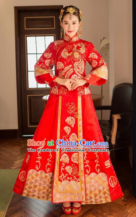 Ancient Chinese Wedding Costume Xiuhe Suits, China Traditional Bride Red Dress Restoring Embroidered Clothing for Women