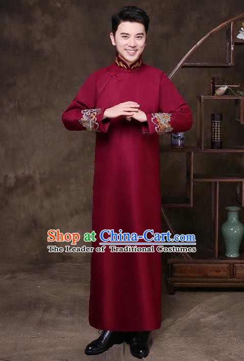 Traditional Chinese Republic of China Wedding Costume Red Long Gown, China National Comic Dialogue Embroidered Clothing for Men