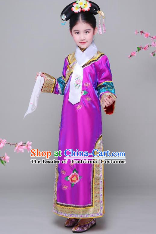 Traditional Ancient Chinese Qing Dynasty Princess Purple Costume, Chinese Manchu Lady Embroidered Clothing for Kids
