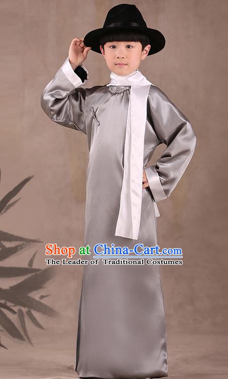 Traditional Chinese Republic of China Costume Children Grey Long Gown, China National Comic Dialogue Clothing for Kids