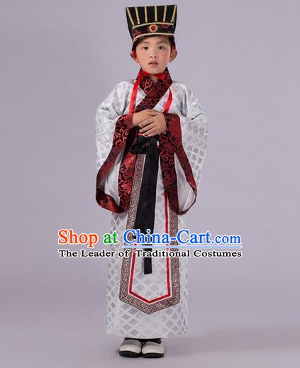 Traditional Chinese Han Dynasty Prime Minister White Costume, China Ancient Chancellor Hanfu Clothing for Kids