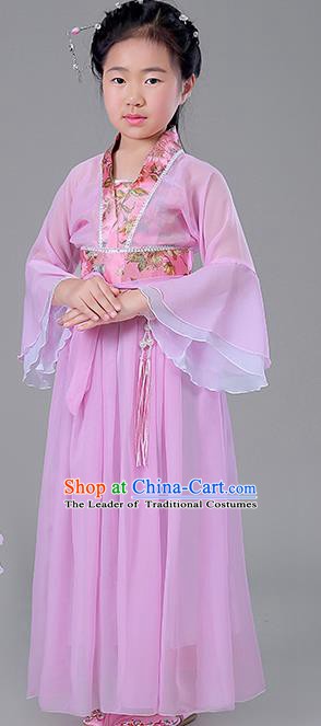 Traditional Chinese Tang Dynasty Princess Costume, China Ancient Fairy Embroidered Pink Dress Clothing for Kids