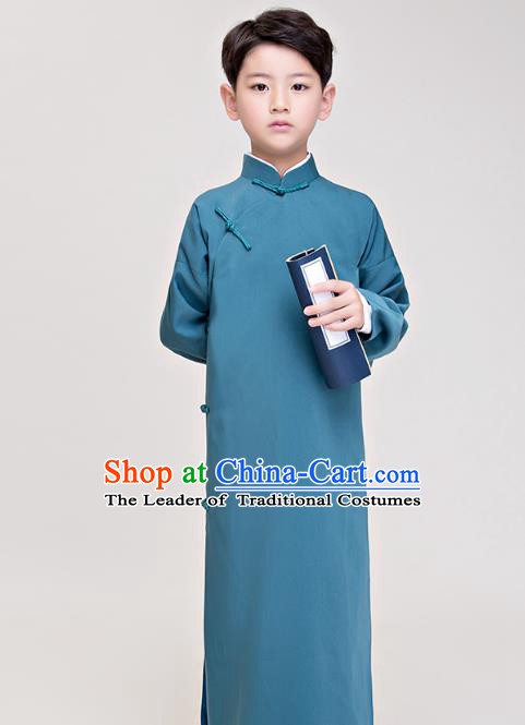 Traditional Chinese Republic of China Costume Blue Long Robe, China National Comic Dialogue Clothing for Kids