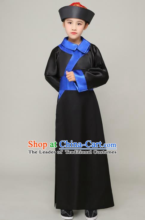 Traditional Chinese Qing Dynasty Court Eunuch Costume, China Manchu Imperial Bodyguard Black Mandarin Robe for Kids