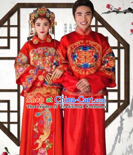 Chinese Traditional Wedding Costume Xiuhe Suits China Ancient Bride and Bridegroom Embroidered Clothing Complete Set