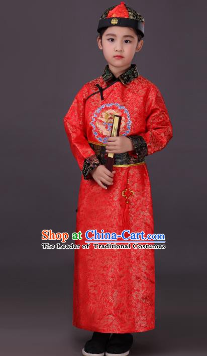 Traditional Chinese Qing Dynasty Children Emperor Costume, China Manchu Prince Red Embroidered Dragon Robe for Kids