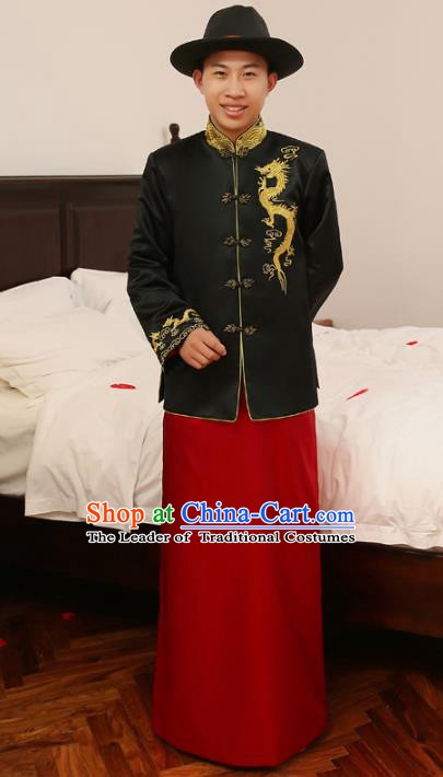 Ancient Chinese Qing Dynasty Wedding Costume China Traditional Bridegroom Embroidered Black Toast Clothing for Men