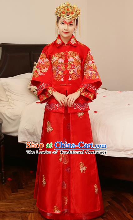 Chinese Traditional Bride Wedding Costume Xiuhe Suits China Ancient Embroidered Peony Clothing for Women