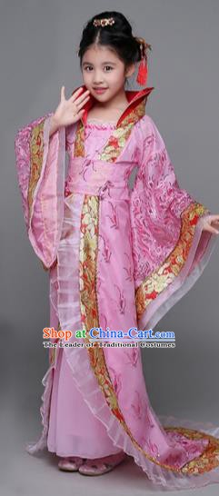 Traditional Chinese Tang Dynasty Imperial Concubine Costume, China Ancient Palace Lady Hanfu Embroidered Pink Dress for Kids
