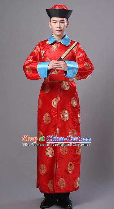 Traditional Ancient Chinese Qing Dynasty Prince Costume, China Manchu Imperial Bodyguard Mandarin Embroidered Robe for Men