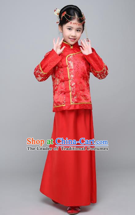 Traditional Ancient Chinese Qing Dynasty Children Princess Costume, China Manchu Bride Embroidered Clothing for Kids