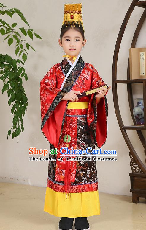 Traditional Chinese Han Dynasty Children Emperor Costume, China Ancient Majesty Hanfu Red Embroidered Robe for Kids