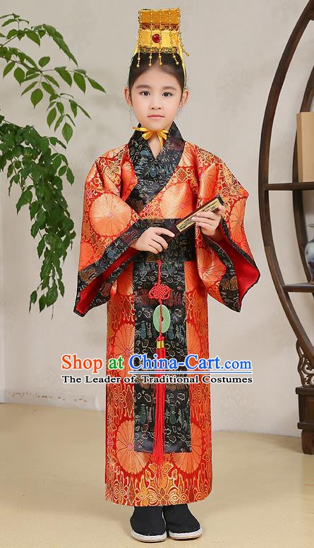 Traditional Chinese Han Dynasty Children Emperor Costume, China Ancient Majesty Hanfu Embroidered Robe for Kids