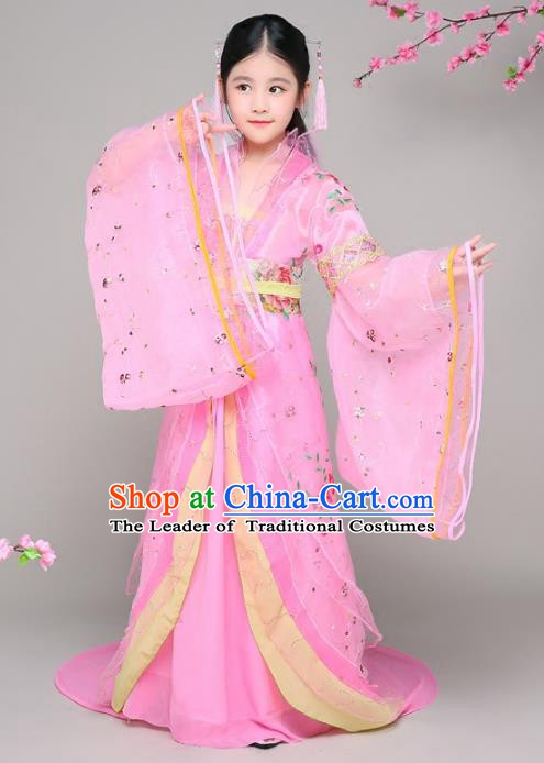 Traditional Chinese Tang Dynasty Children Imperial Concubine Costume, China Ancient Palace Lady Hanfu Embroidered Clothing for Kids