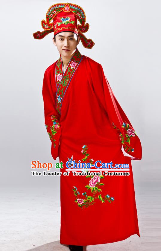 Traditional China Beijing Opera Costume Gifted Scholar Red Embroidered Robe, Chinese Peking Opera Niche Embroidery Clothing