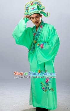 Traditional China Beijing Opera Costume Gifted Scholar Light Green Embroidered Robe, Chinese Peking Opera Niche Embroidery Clothing