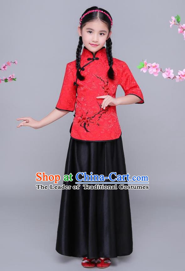 Traditional Chinese Republic of China Children Clothing, China National Embroidered Wintersweet Red Blouse and Skirt for Kids