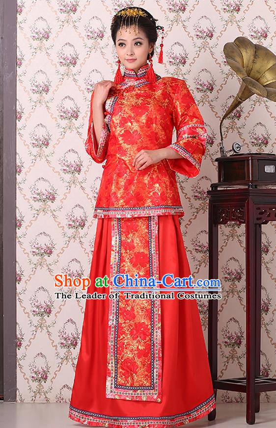 Traditional China Qing Dynasty Nobility Dowager Costume, Chinese Ancient Gentlewoman Embroidery Red Xiuhe Suit Clothing